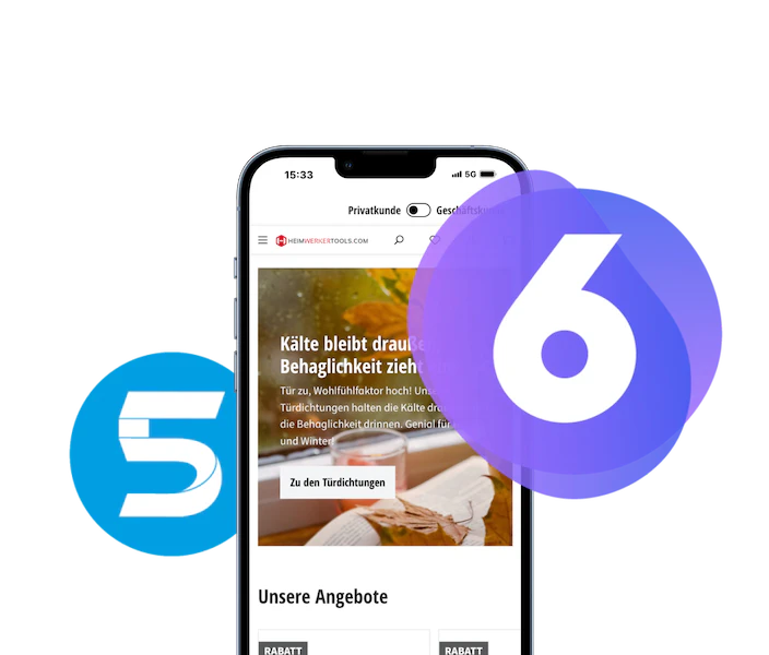 Ein Smartphone mit der mobilen Ansicht des Online-Shops von Heimwerkertools. Im Hintergrund ist ein kleineres Shopware 5 Logo zu sehen. Im Vordergrund ist ein großes Shopware 6 Logo zu sehen