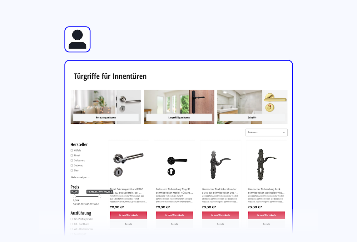 Ansicht einer Keategorieübersicht von Türgriffen für einen B2B User. hier haben die Produktboxen  zusätzliche Buttons