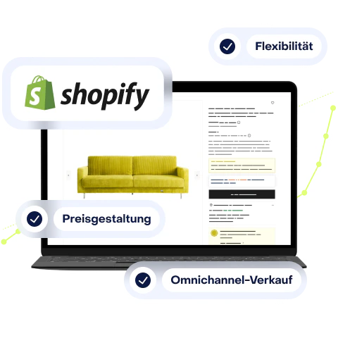 Ein Laptop mit Badges und Shopify Logo für mehr Flexibilität, Omnichannel-Verläufe und Preisgestaltung