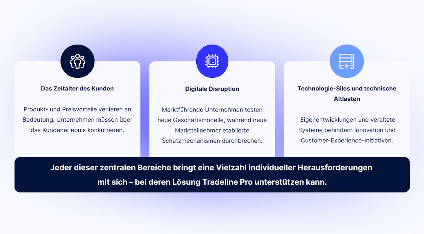 Infografik zu: Self-Service-Funktionen, zentralen Bereiche digitales Zeitalter des Kunden, Digitale Disruption und Eigententwicklung und veraltete Systeme