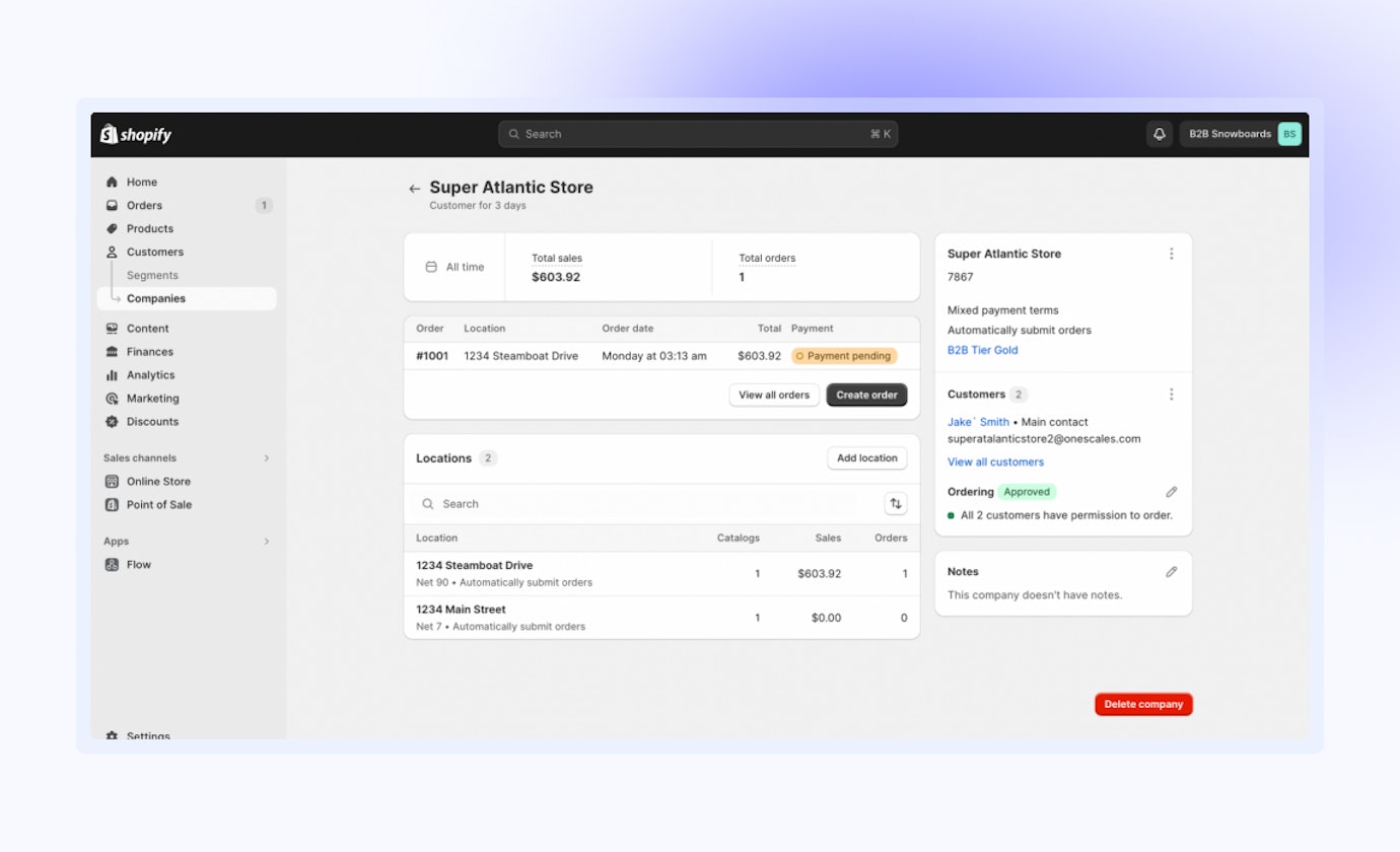 Shopify Plus B2B Dashobard mit Beispiel-Unternehmen