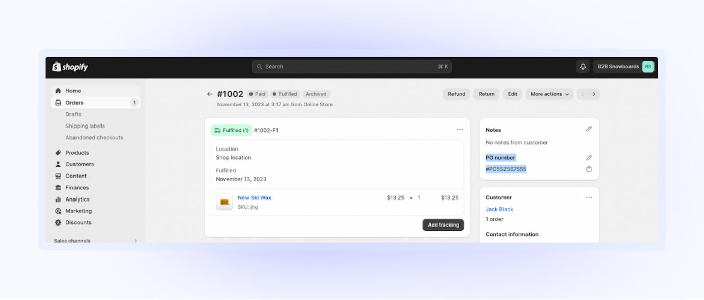 Shopify Plus B2B Dashboard PO-Nummer