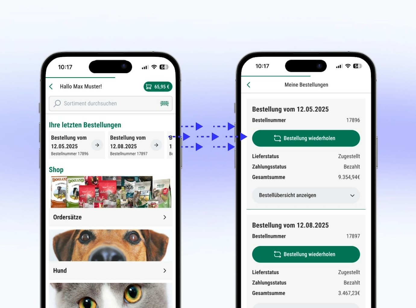 Startseite der Bewital-App sowie die Übersicht der Schnellbestellung