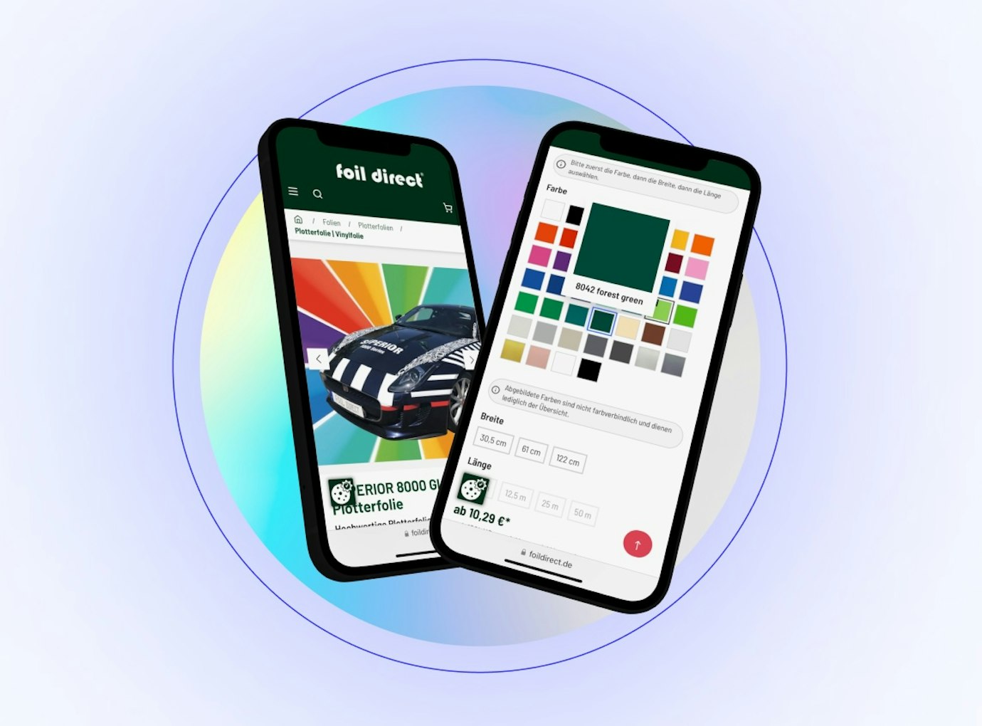 Foil direct Onlineshop in der mobilen Ansicht. Farbauswahl auf der Produktdetailseite