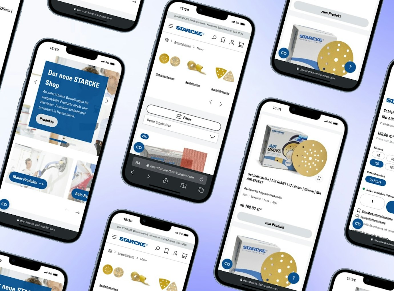Mobile Ansicht des Starcke Shops, Kategorie-Kacheln und Kategorieübersichten
