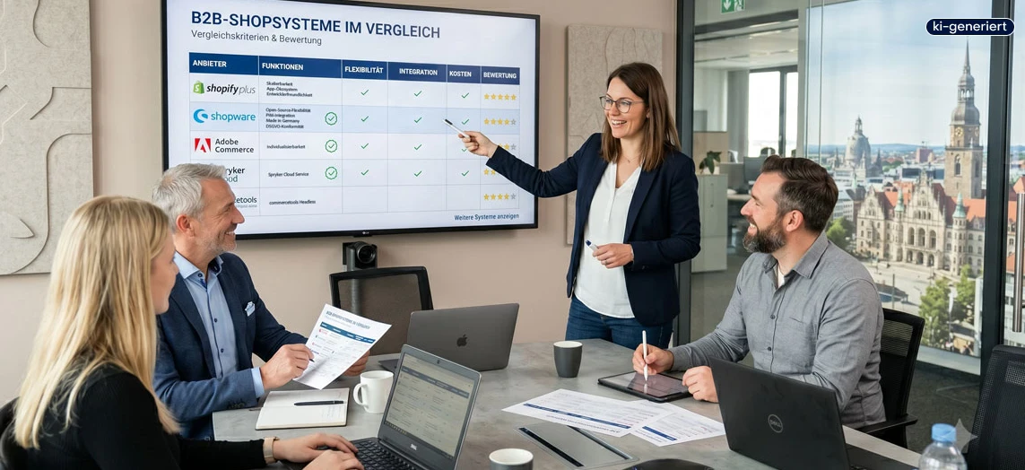 Menschen an einem Konferenztisch, die B2B Shopsysteme vergleichen