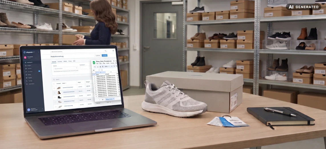 ki generiert - Schreibtisch in einem Lager mit einem Shopware Backend und eine Produktliste
