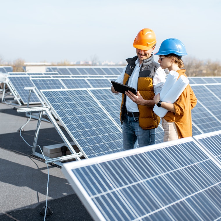 Twee ingenieurs of architecten onderzoeken de bouw van een zonne-energiecentrale, lopend met digitale tablet op een dak