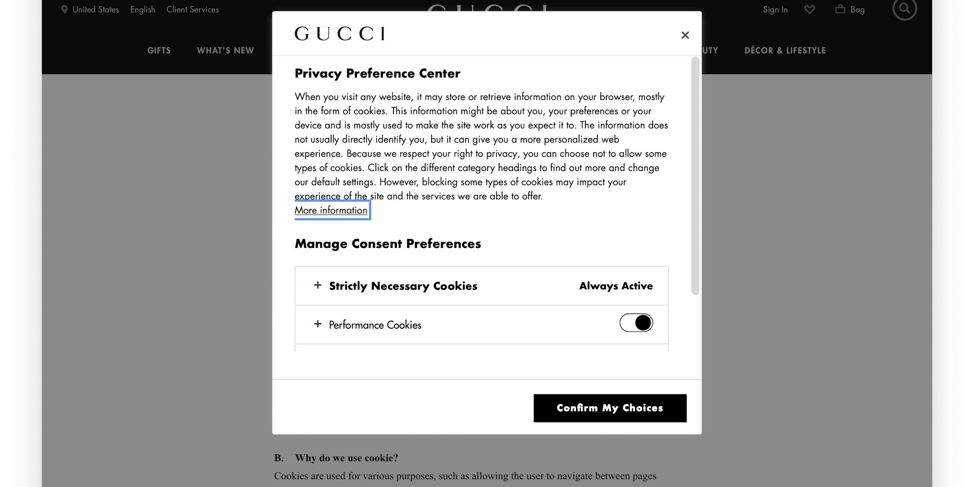 Gucci.com's Privacy Consent Banner