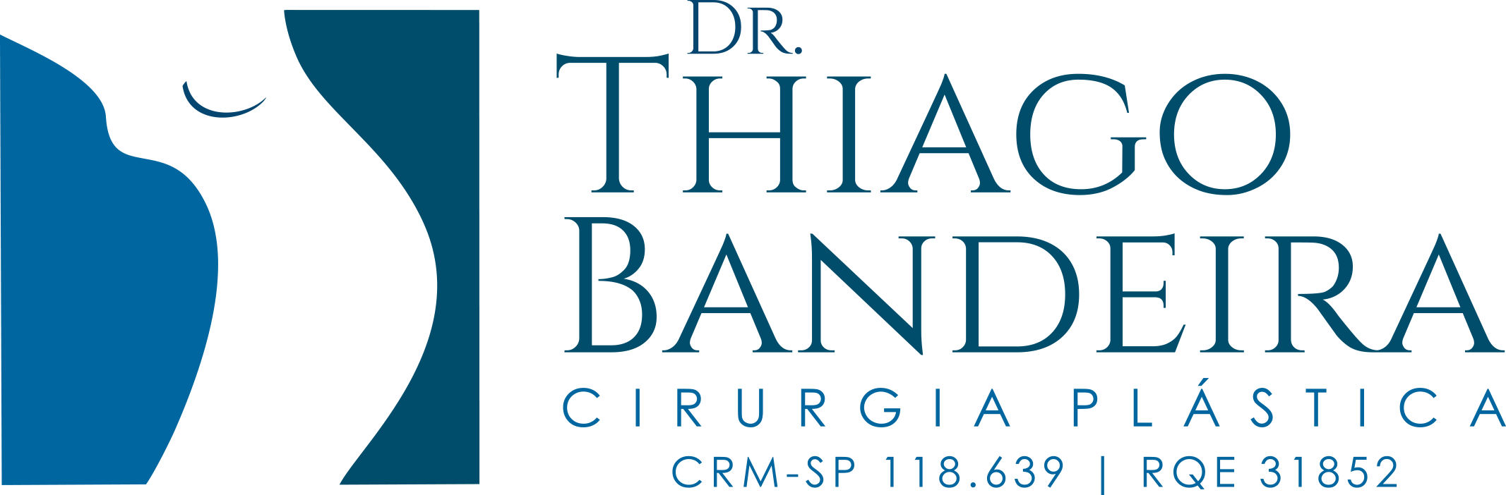 Logotipo com o icone de um nariz, e a inscrição: "DR. THIAGO BANDEIRA", "CIRURGIA PLASTICA", crm-sp : 118.639 | RQE: 31852