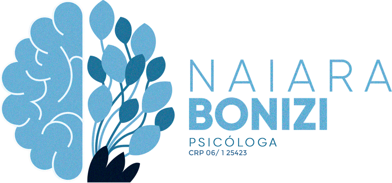 Logotipo com um ícone da metade esquerda do cérebro humano e na outra metade algumas flores florescendo, contendo a seguinte inscrição: "NAIARA BONIZI", psicóloga, CRP 06/ 125423 