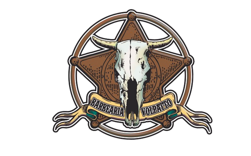 Logotipo contendo um ícone de uma estrela de xerife, ao centro tem uma caveira de um touro, com a seguinte inscrição abaixo: "BARBEARIA VOLPATTO"