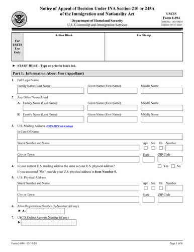 Form I-694 | Notice of Appeal of Decision Under Sections 245A or 210 of the Immigration and Nationality Act Form I-694 | Notice of Appeal of Decision Under Sections 245A or 210 of the Immigration and Nationality Act