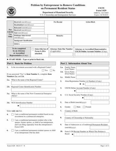 Form I-829 | Petition by Entrepreneur to Remove Conditions on Permanent Resident Status Form I-829 | Petition by Entrepreneur to Remove Conditions on Permanent Resident Status