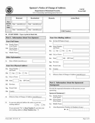 Form I-865 | Sponsor's Notice of Change of Address Form I-865 | Sponsor's Notice of Change of Address