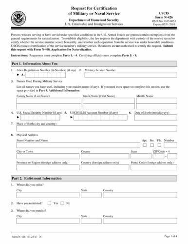 Form N-426 | Request for Certification of Military or Naval Service Form N-426 | Request for Certification of Military or Naval Service