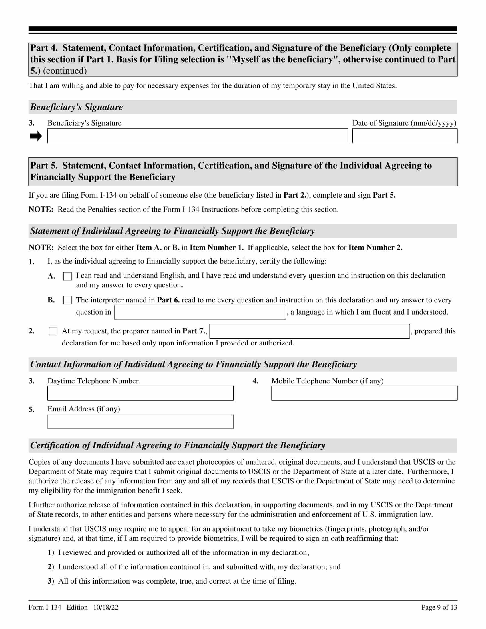 Formulario I134 Declaración de apoyo