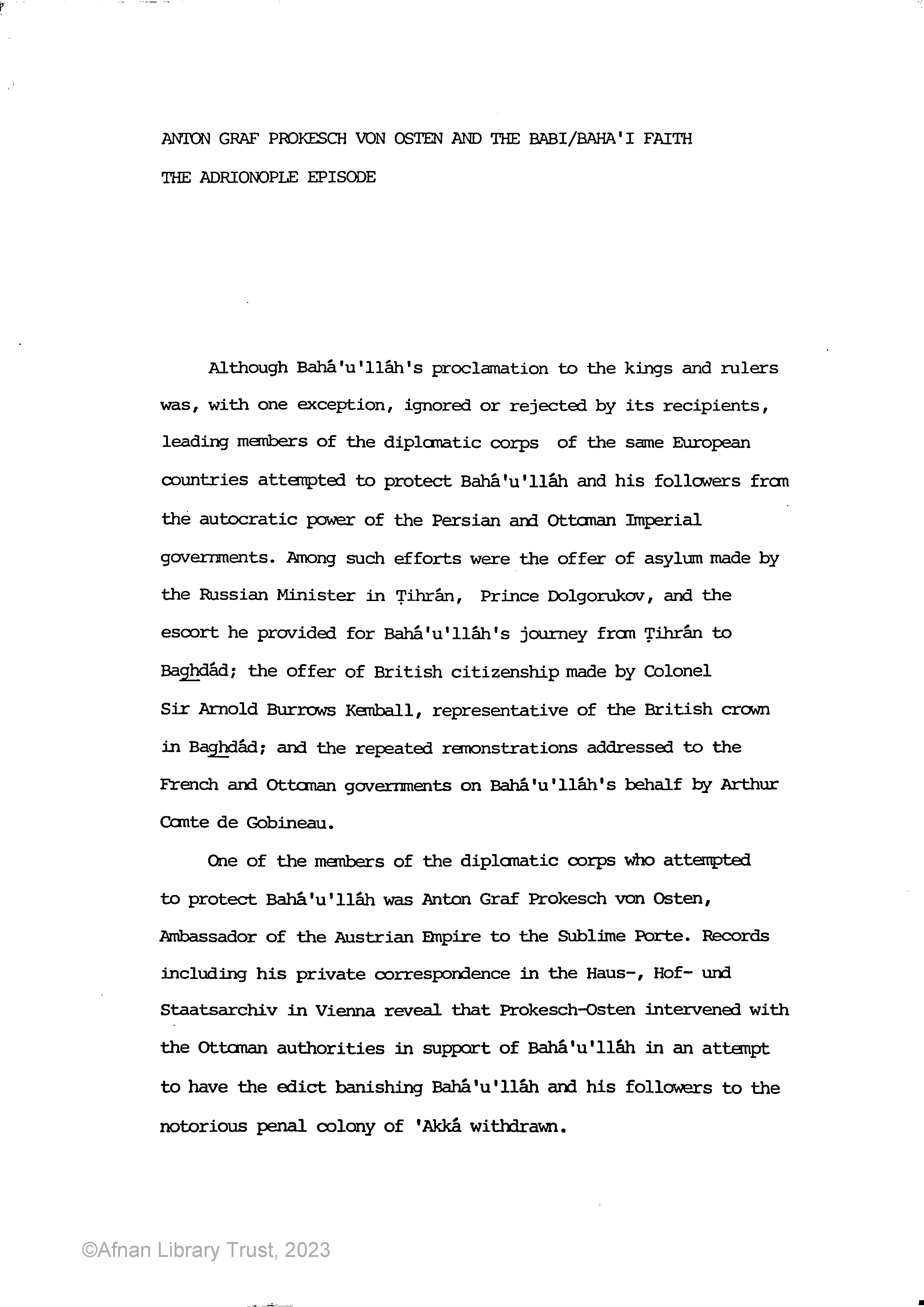 Prokesch von Osten and the Bábí/Bahá'í Faith Afnan Library