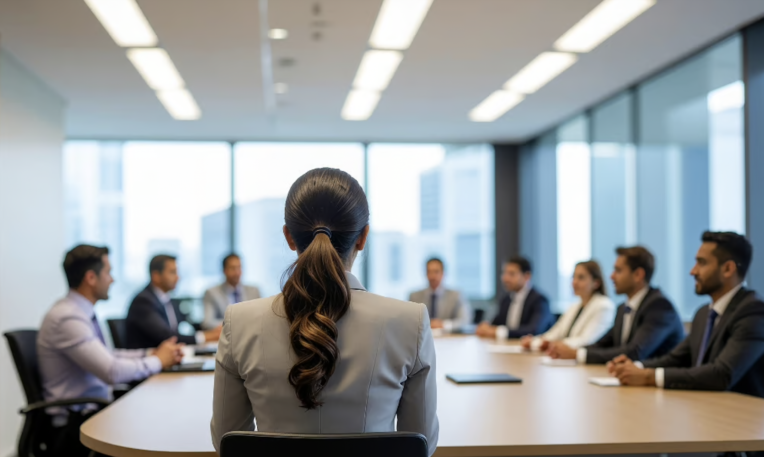 Board meeting at high rise office.