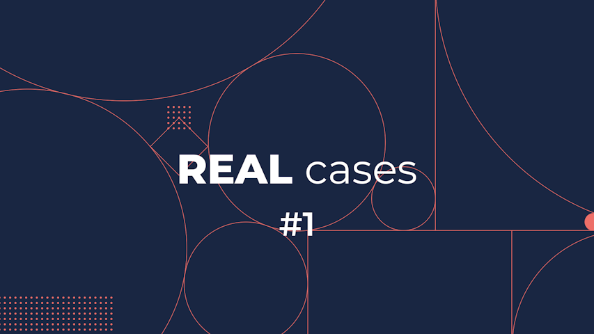 blue background with graphic pattern and text saying real cases nr  1
