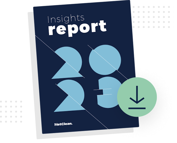 Illustration of a NetClean Insights report with a download icon on top