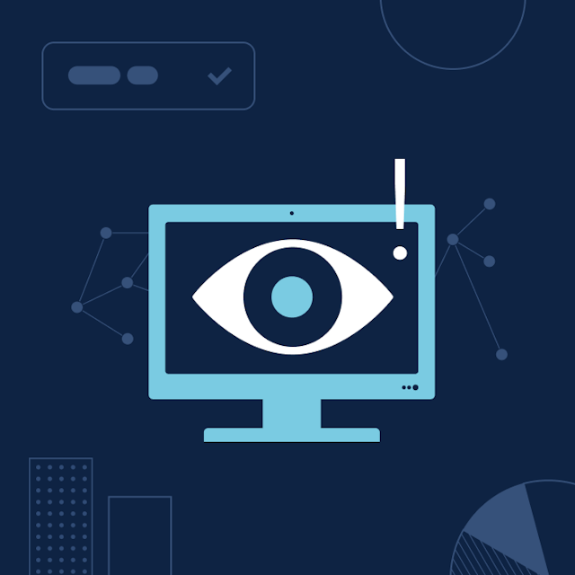 An illustration of a computer screen with a large eye on a  dark blue background with geometrical pattern