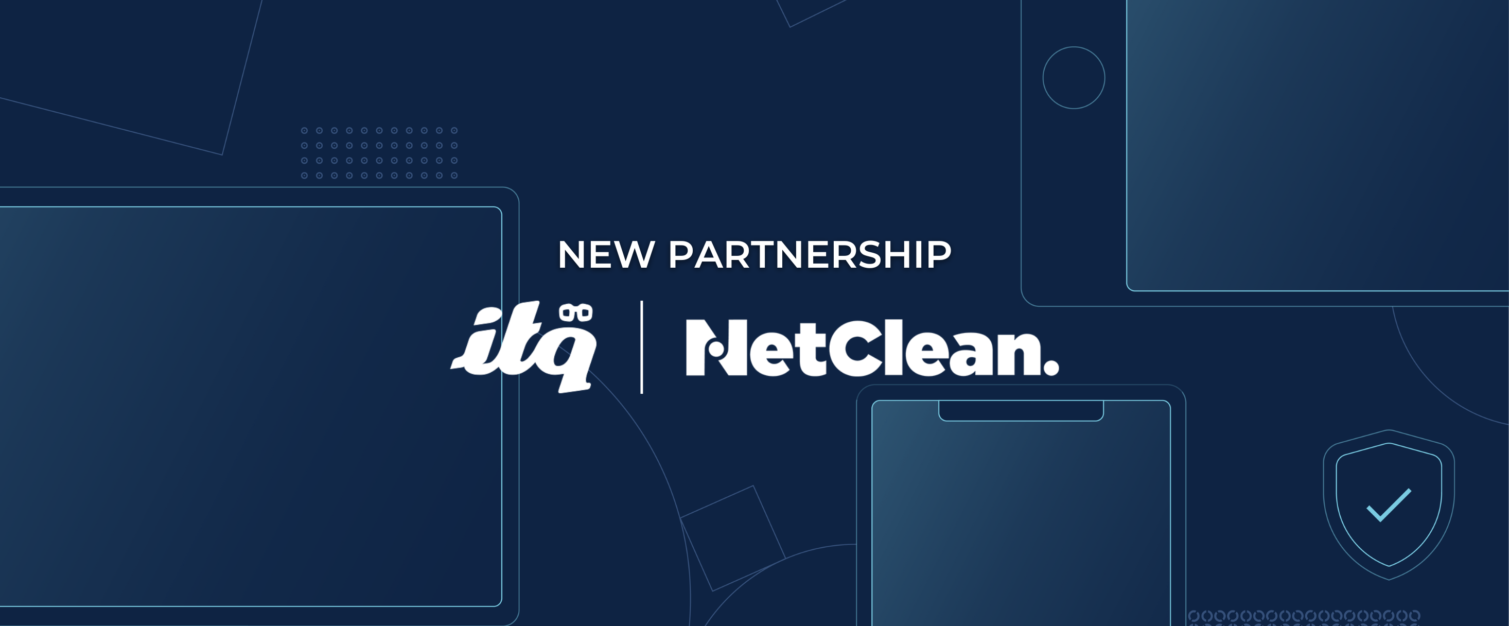 blue background with graphic pattern and text saying new partnership, and logos for ITQ and NetClean companies