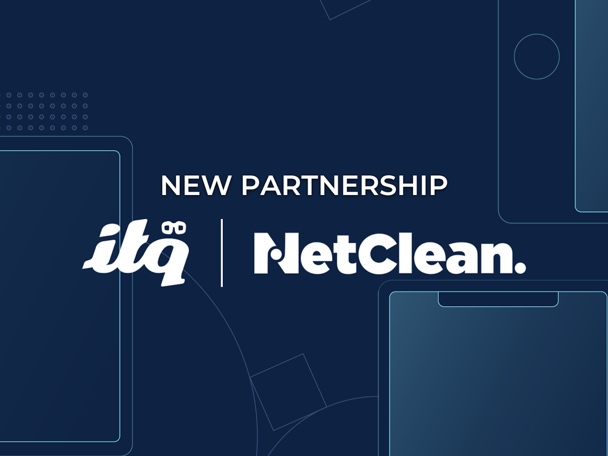 blue background with graphic pattern and text saying new partnership, and logos for ITQ and NetClean companies
