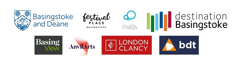 The logos of Basingstoke and Deane Borough Council, Festival Place, The Malls, Destination Basingstoke, Basing View, Anvil Arts, London Clancy and BDT