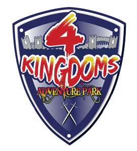 A shield with a castle in the background and the words 4 Kingdoms Adventure Park on.