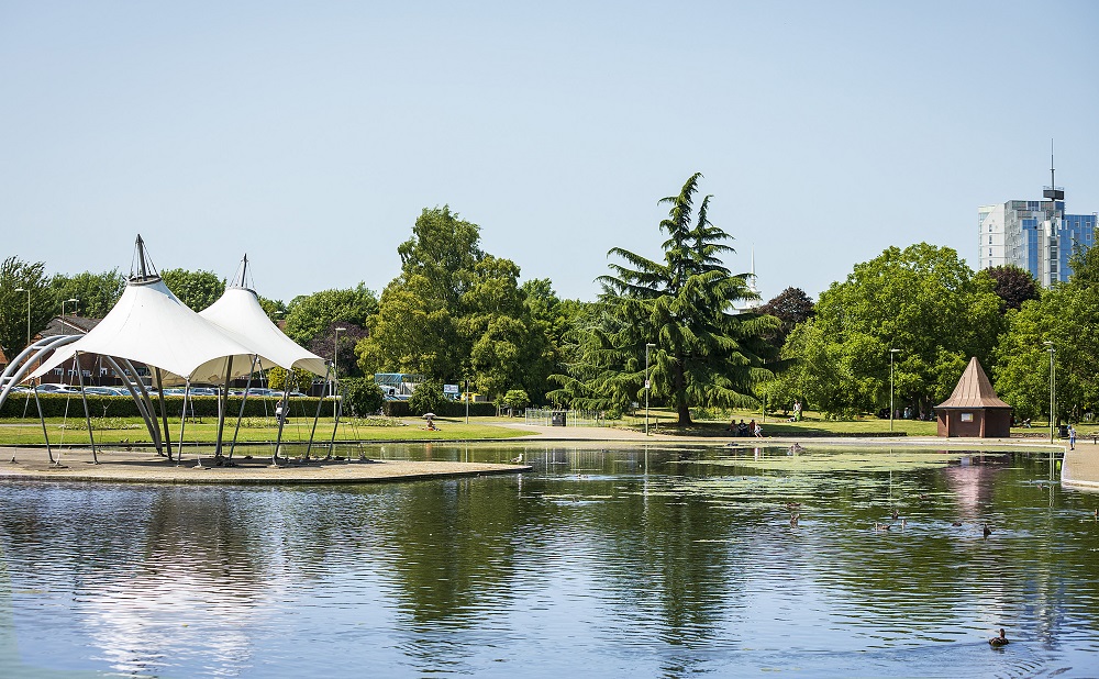 Eastrop Park you can see the bandstand and the lake.
