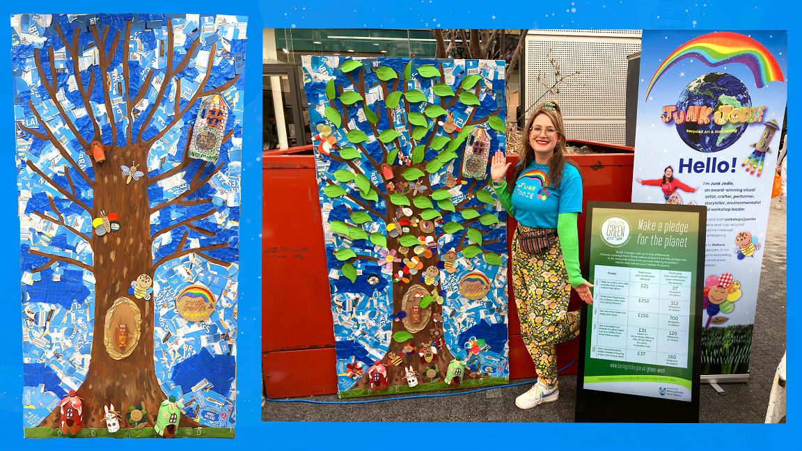 A tree made from recycled materials. On the right a lady stands next to the tree.