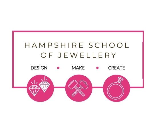 The Hampshire School Of Jewellery logo. Under the name of the company it says Design. Make. Create. Then three icons. One of two jewels, one of two hammers and a diamond ring.