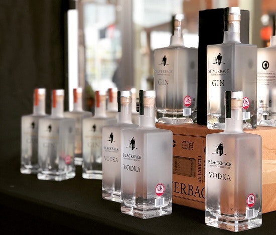 Glass bottles that are rectangular in shape containing gin and vodka.