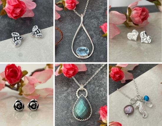 A compilation of images showing different jewellery. A pair of silver bee earrings, a tear drop shaped necklace with a blye gemstone, a pair of silver heart shaped earrings. On the bottom line a pair of rose flower earrings, another tear shaped necklace that is the whole green gem. A seahorse with three gemstones necklace.