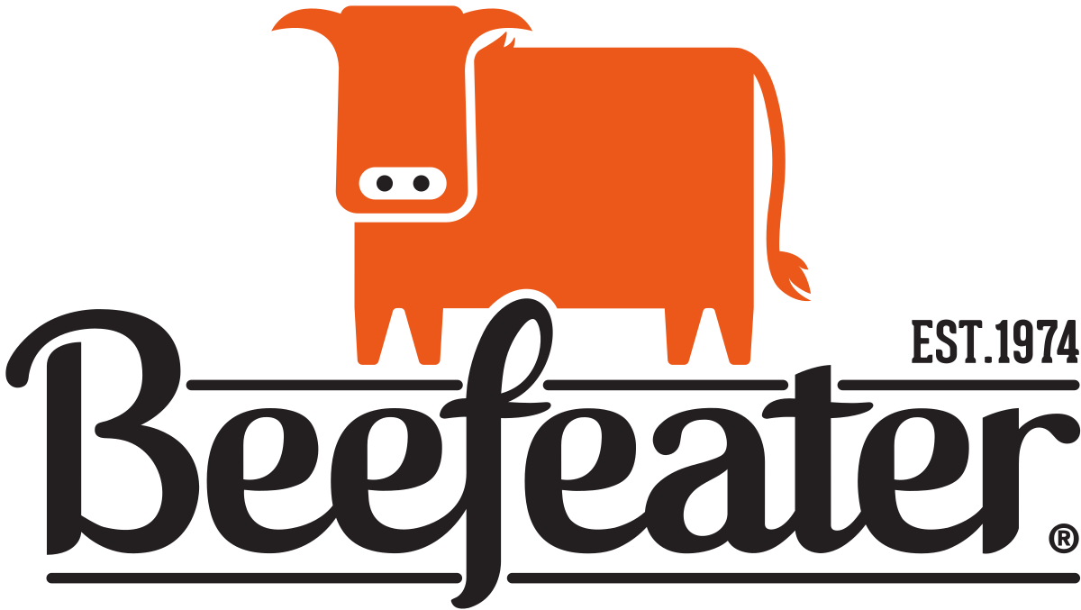 A orange cow with the words Beefeater in black and Est 1974.