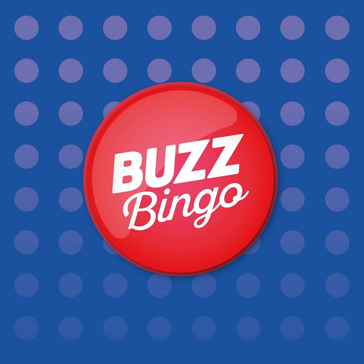 A blue square background with purple dots. Then a red circle with white Buzz Bingo words.