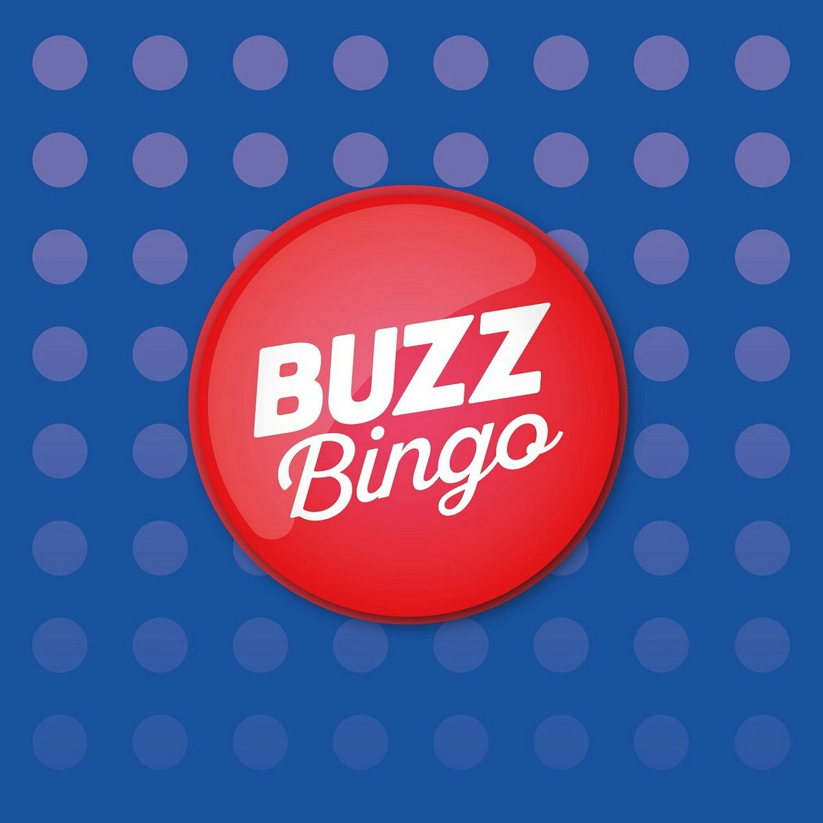 A blue square background with purple dots. Then a red circle with white Buzz Bingo words.