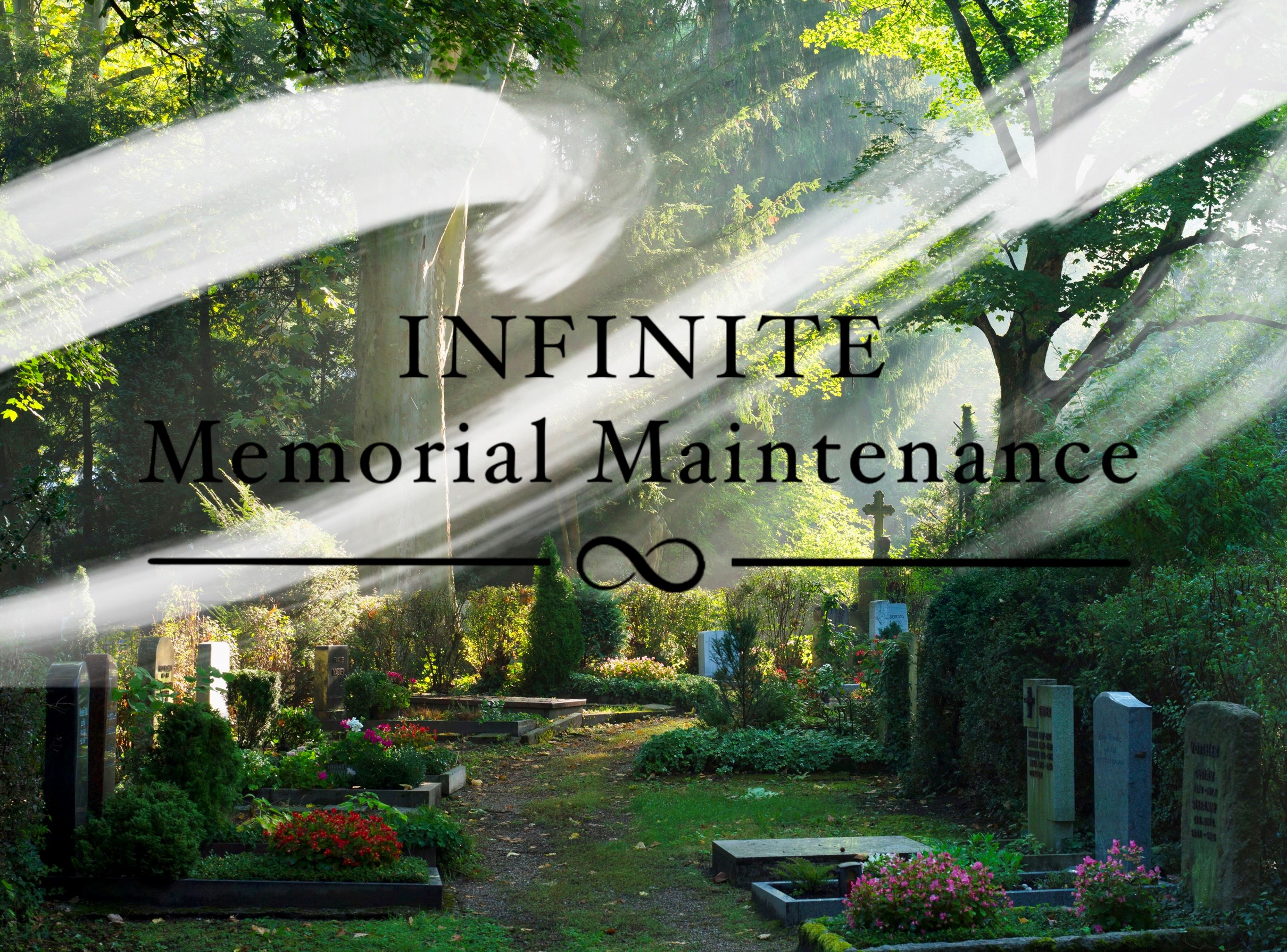 A grave yard with many graves and memorials. There are trees in the background. A white swoosh goes across the screen with the words Infinite Memorial Maintenance.