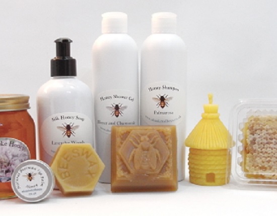 A selection of cosmetics, soaps and honey.