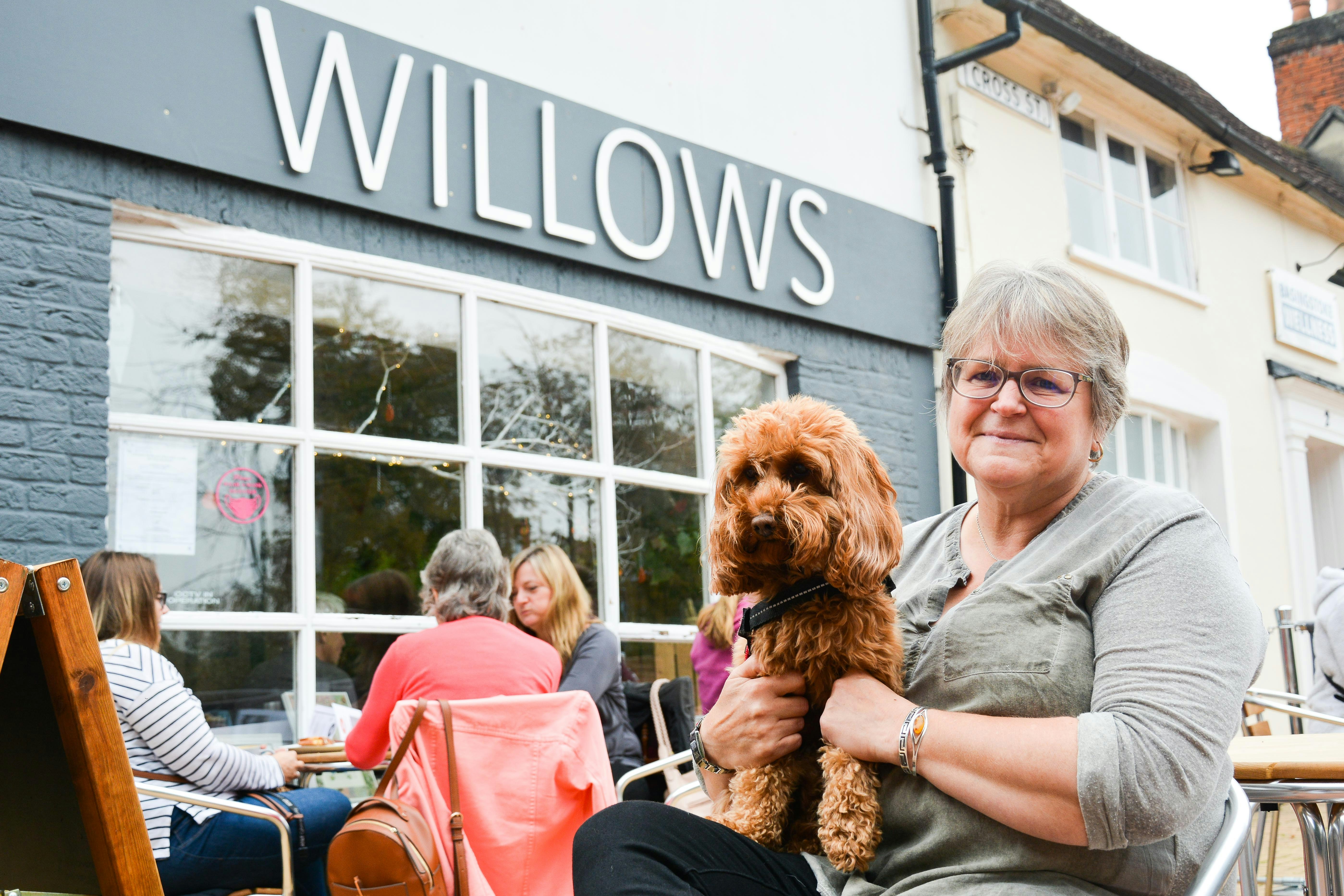 A person sits in a chair outside a coffee shop. The person has grey hair, wears a green top and smiling to the camera. A brown fluffy dog sits on the persons lap.