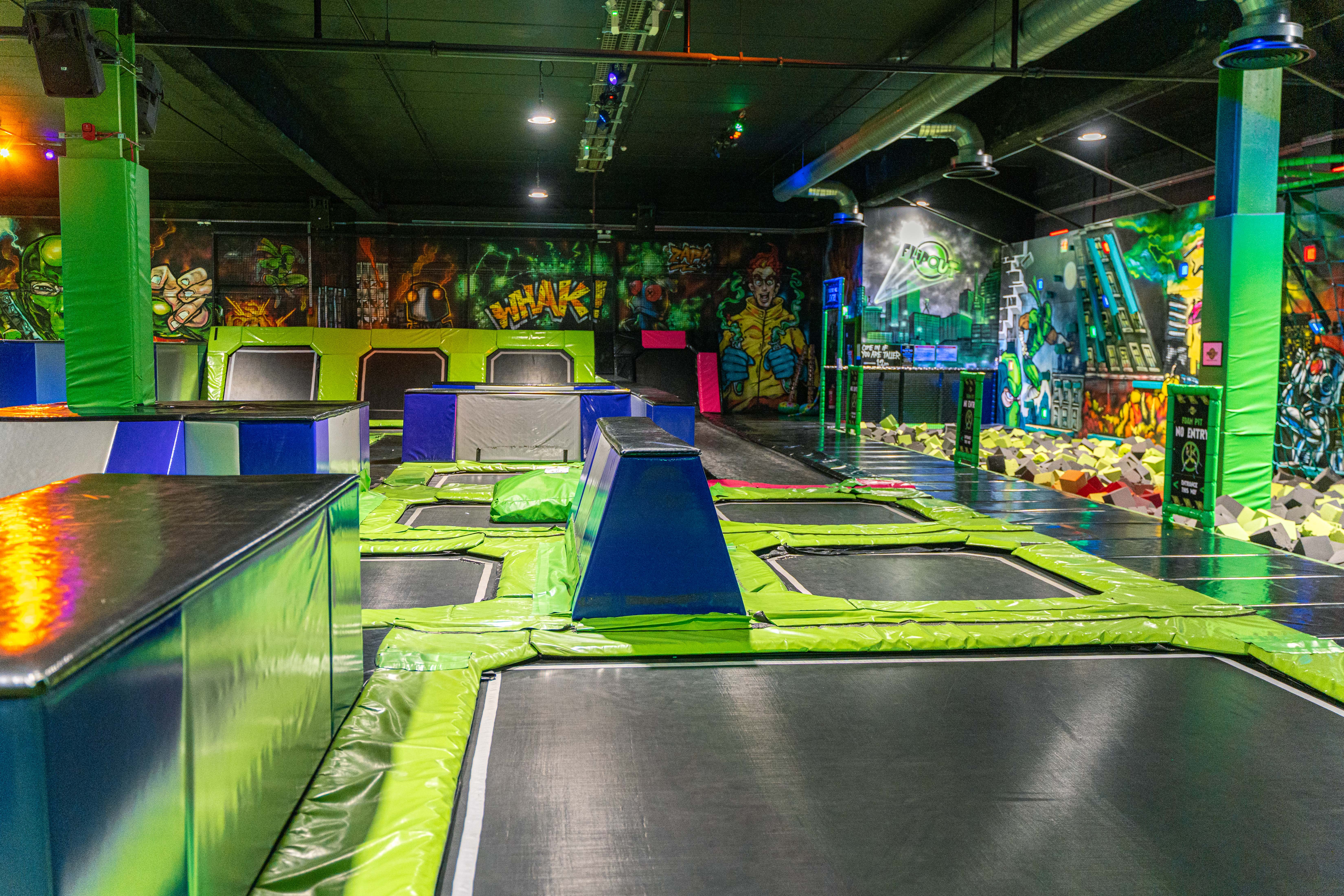 An indoor trampoline park