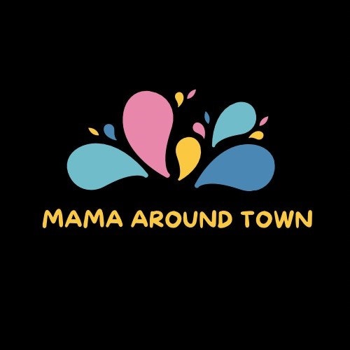 A black square with different colour splashes and the words Mama Around Town in yellow.
