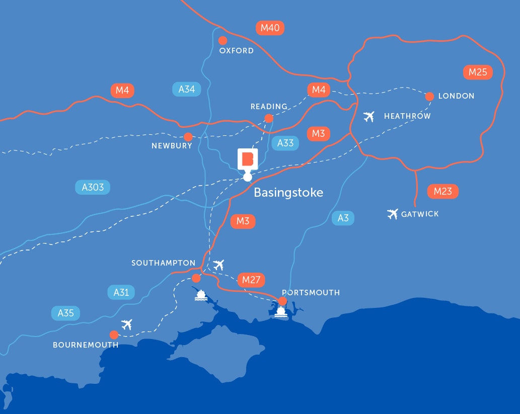 A map showing where Basingstoke is situated in relation to the ports, airports and roads.