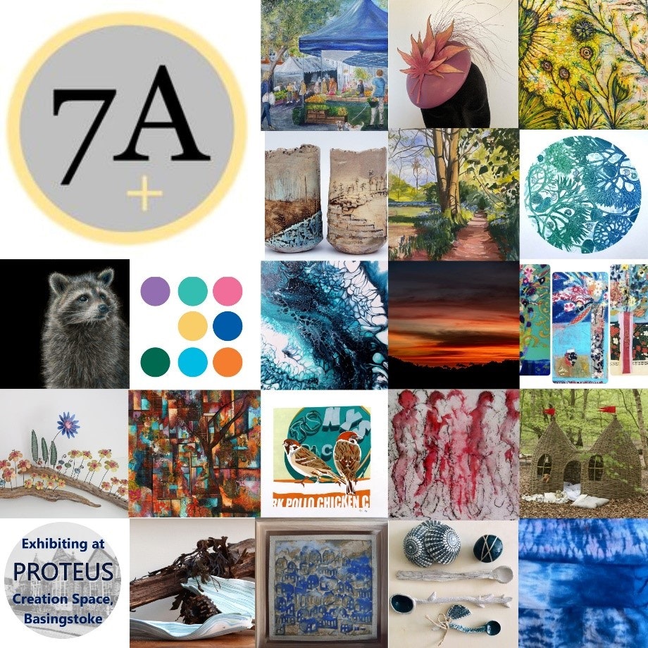 A number of squares showing different arts of work. The top left hand corner has a circle with 7A+ in and in the bottom it says Exhibiting at Proteus Creation Space, Basingstoke