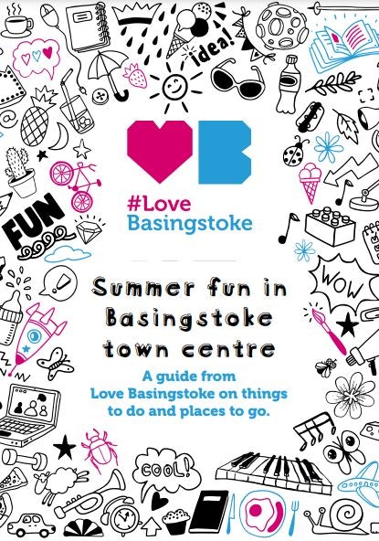 A front cover from a document. Black, pink and blue doodles surround a logo and text. Logo is pink and blue with text #LoveBasingstoke.