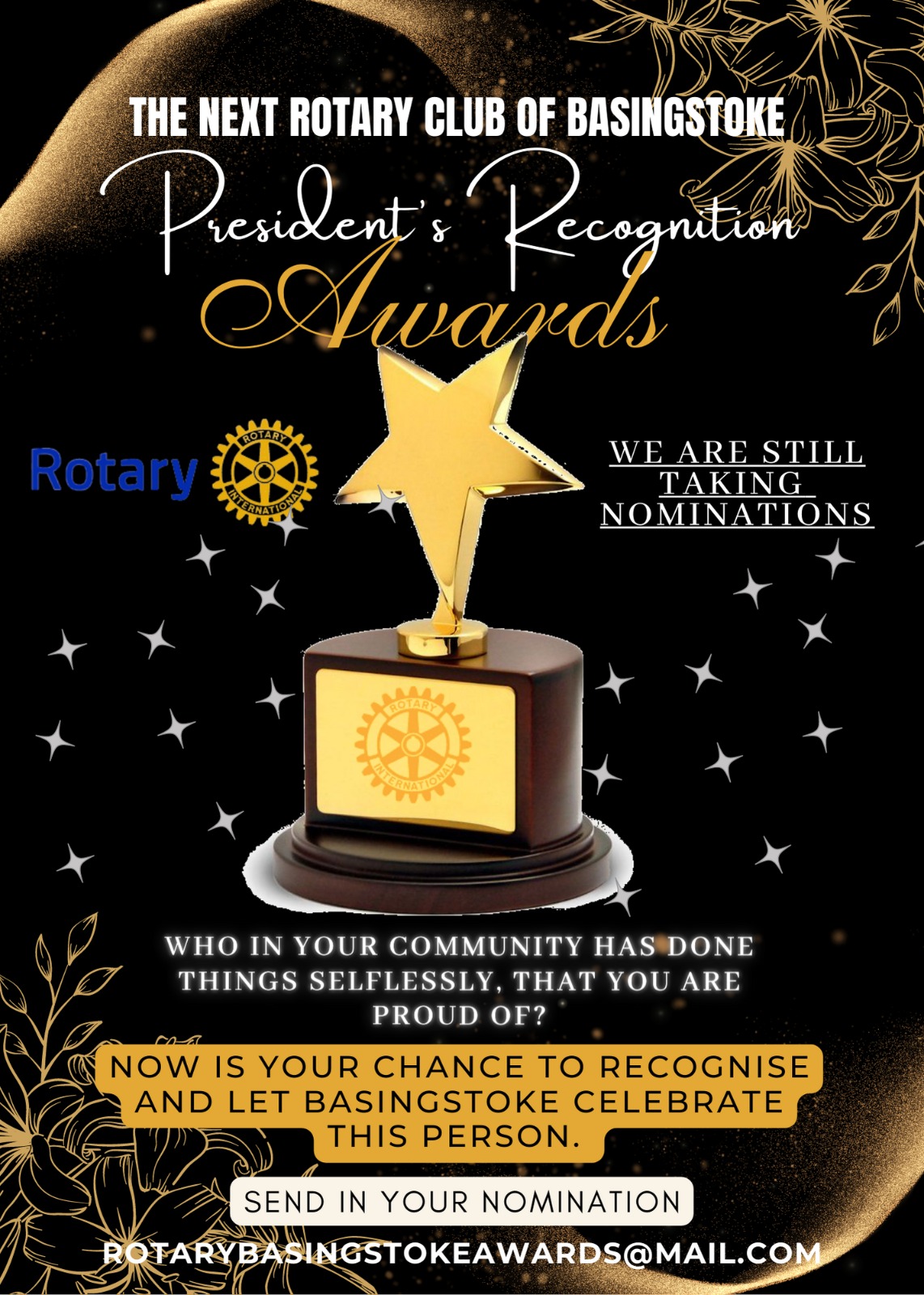 A leaflet in black and gold. Central to the leaflet is a gold star trophy with the text Presidents Recognition Awards