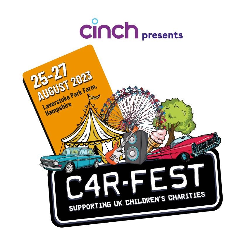 A numberplate style rectangle with text CarFest in white writing. There are images of a blue car, orange and white circus tent, a tree, speaker and a wheel surround the numerplate.