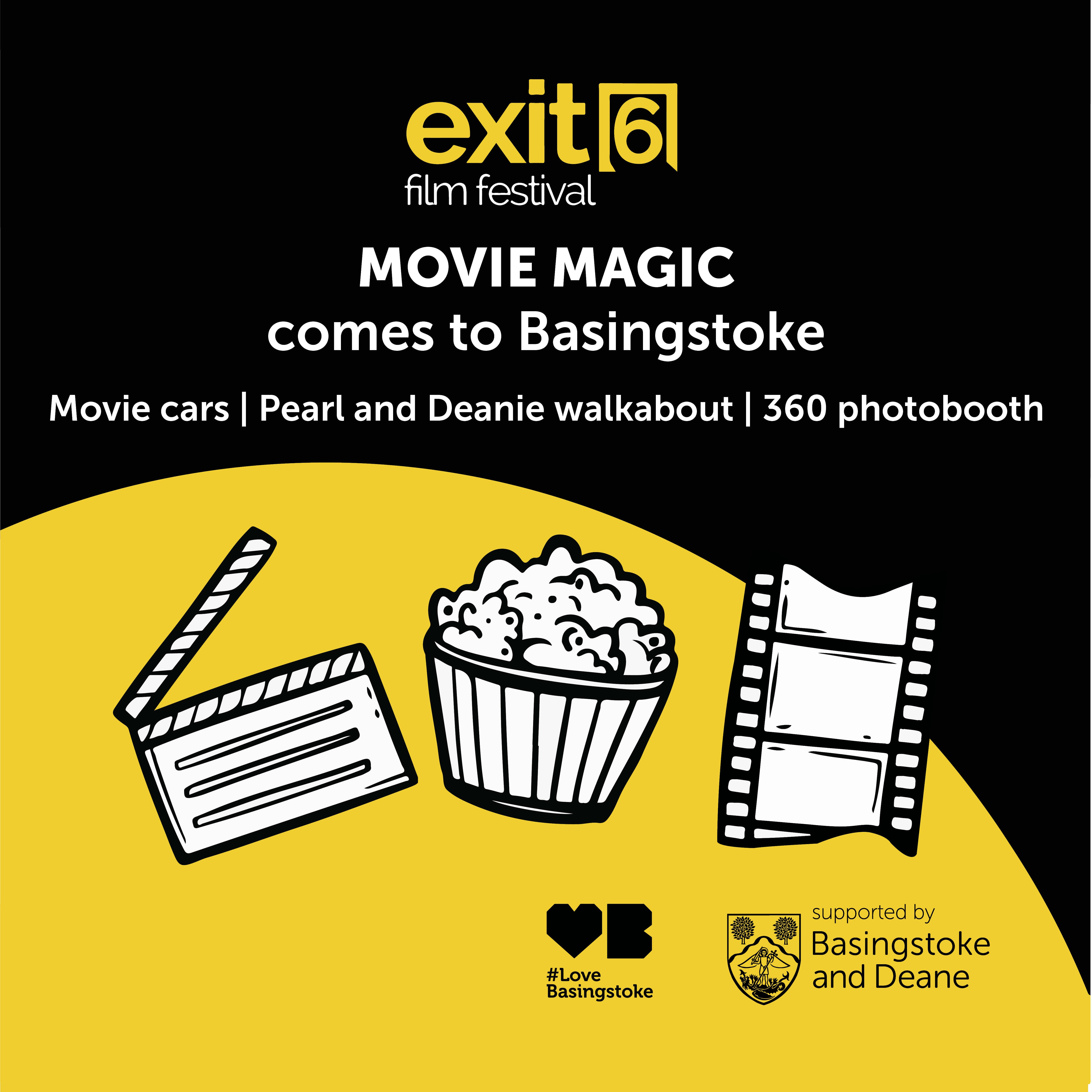 A black and gold social card with black and white clip art images of a film clipboard, tub of popcorn and a photograph negative strip. White text states movie magic comes to Basingstoke.
