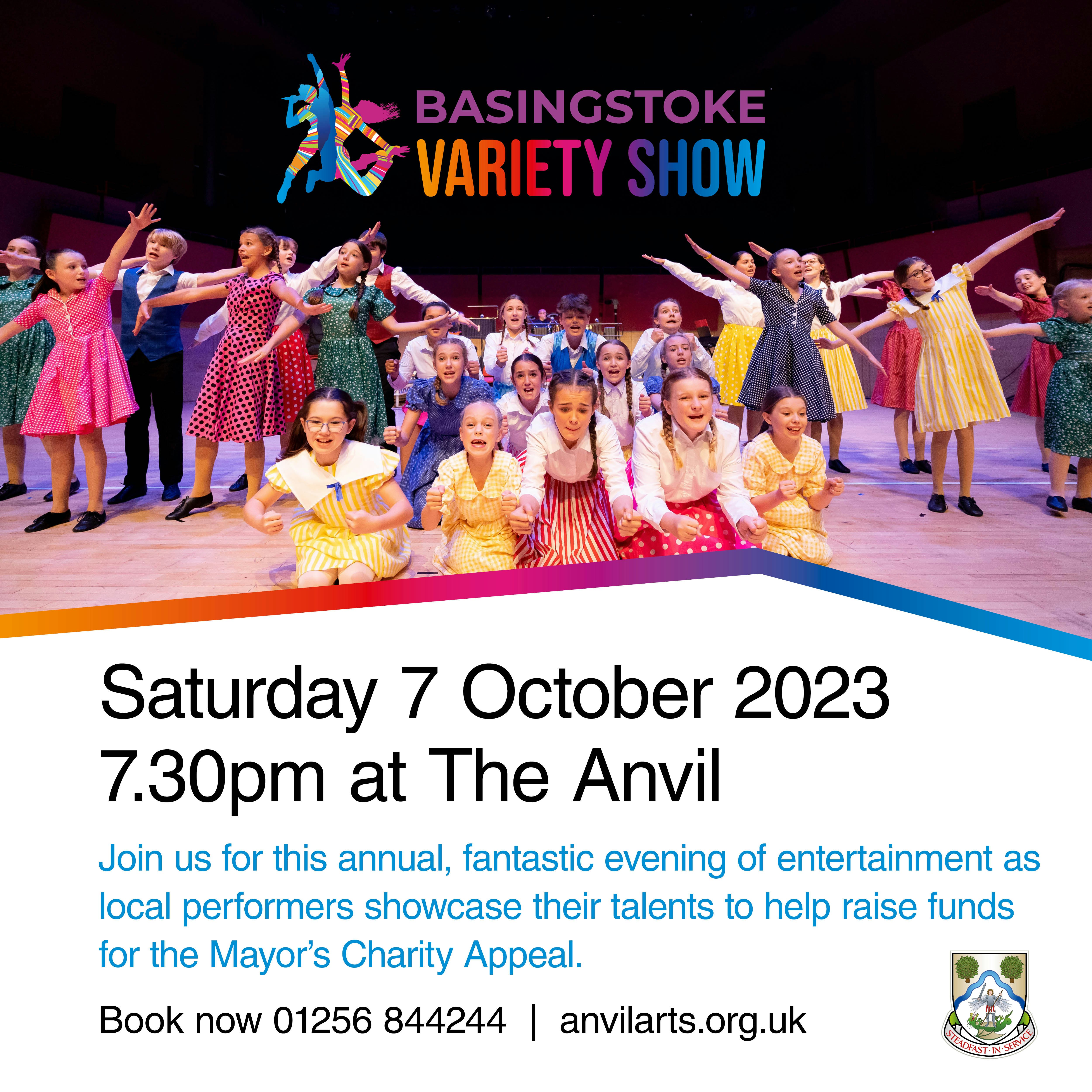 A social card promoting a variety show on Saturday 7 October 2023. The top half of the image shows children on a stage. The bottom half is plain white with the text.
